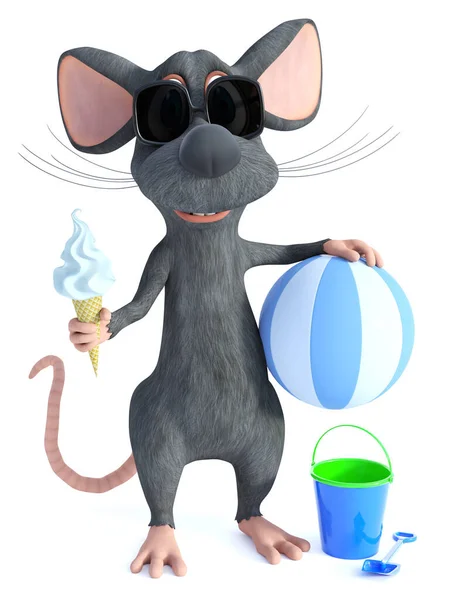 Rendering Cool Smiling Cartoon Mouse Wearing Sunglasses Eating Ice Cream — Stock Photo, Image