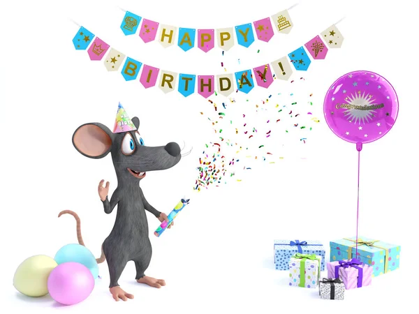 Renderização Bonito Sorriso Mouse Desenho Animado Atirando Popper Festa Confete — Fotografia de Stock