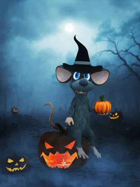 Rendering Cute Smiling Cartoon Mouse Wearing Witch Hat Holding Pumpkin Stock Picture