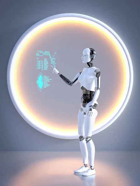 Återgivning Kvinnlig Robot Som Arbetar Transparent Digital Pekdatorskärm Som Flyter Stockfoto