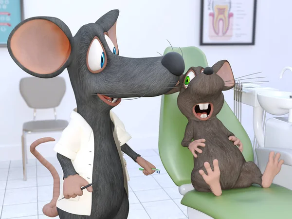 3D rendering of a friendly cartoon mouse dressed as a dentist, holding a toothbrush and dentist tools. A patient is in the chair at the dentist office waiting for his dental checkup.
