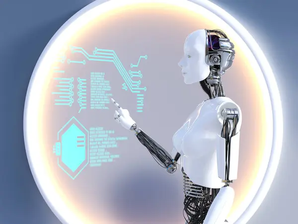 Rendering Einer Roboterin Die Auf Einem Transparenten Digitalen Touchcomputer Bildschirm lizenzfreie Stockbilder
