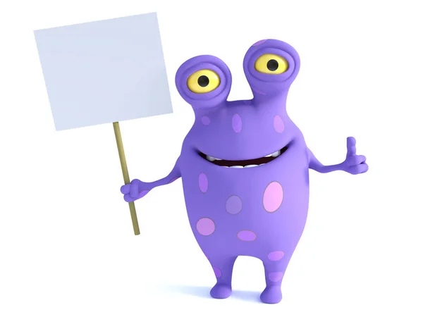 Cute Charming Cartoon Monster Holding Blank Sign His Hand Doing Stock Picture