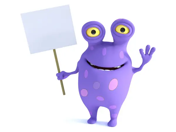 一个可爱迷人的卡通画怪物拿着一个空白的标志 挥挥手 带着大大的笑容 看起来很开心 怪物是紫色的 有很大的斑点 白人背景 — 图库照片