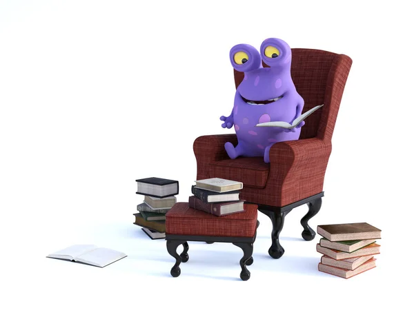 Cute Charming Purple Cartoon Monster Sitting Armchair Holding Book His Royalty Free Stock Images