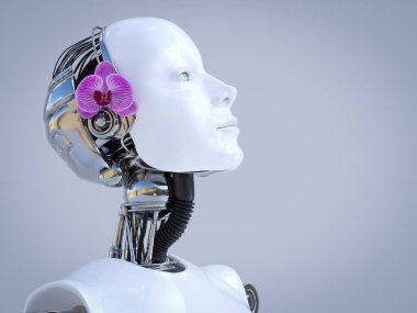 Kafasının kenarında güzel bir orkide çiçeği olan bir kadın robotun 3 boyutlu portresi. Kopyalama alanı ile gri arkaplan. 