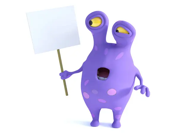 Cute Charming Cartoon Monster Holding Blank Sign Looking Shocked His Stock Picture