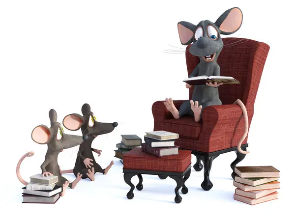 Rendering Cute Smiling Cartoon Mouse Sitting Cosy Armchair Reading Book Stock Image