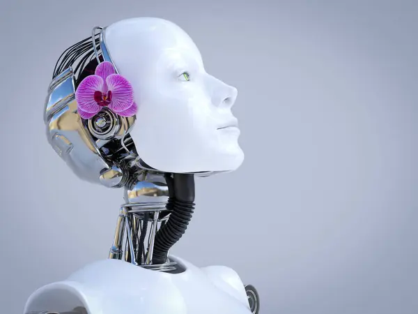 그녀의 꽃으로 로봇의 렌더링 초상화입니다 Copyspace를 로열티 프리 스톡 사진