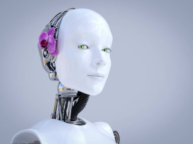 Kafasının kenarında güzel bir orkide çiçeği olan bir kadın robotun 3 boyutlu portresi. Kopyalama alanı ile gri arkaplan. 
