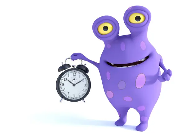 Cute Charming Cartoon Monster Holding Big Old Style Alarm Clock Stock Photo