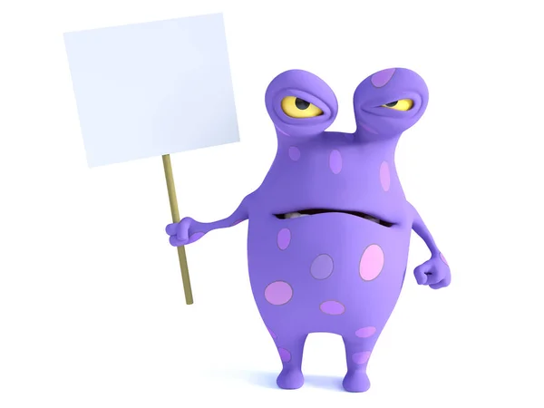 一个可爱迷人的卡通人物 手持空白标志 看上去非常生气或不安 怪物是紫色的 有很大的斑点 白人背景 免版税图库照片
