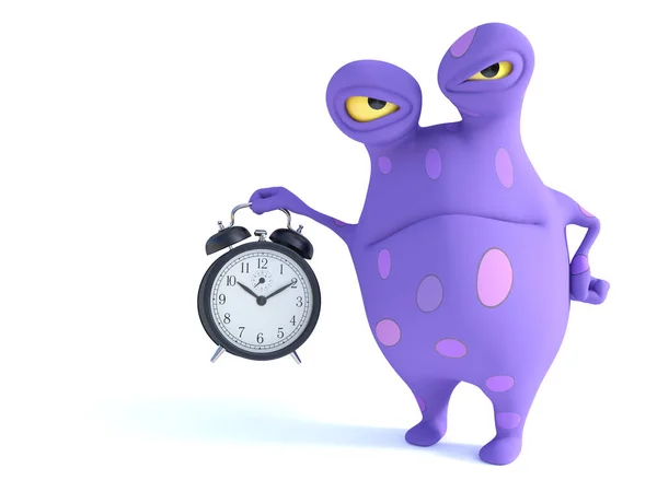 Cute Charming Cartoon Monster Holding Big Old Style Alarm Clock Stock Image