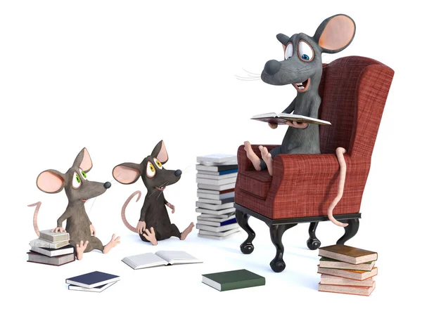 Rendering Cute Smiling Cartoon Mouse Sitting Cosy Armchair Reading Book Stock Picture