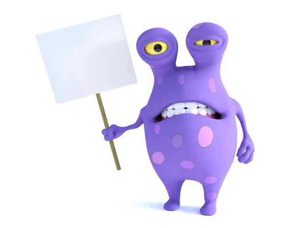 Cute Charming Cartoon Monster Holding Blank Sign Looking Disgusted Monster Stock Photo