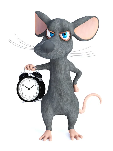 Rendering Cute Grumpy Cartoon Mouse Holding Big Old Style Alarm Royalty Free Stock Images