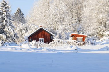 Soğuk kış manzarasında kar ve donla kaplı çiftlik ahırı ve ev