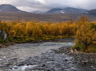 İsveç 'in kuzeyindeki Abisko Ulusal Parkı' nda güzel bir nehir manzarasında gün doğumu sabahı.