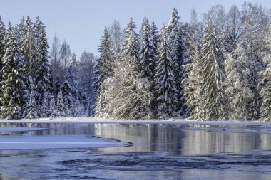 Soğuk bir kış sabahı nehir manzarası