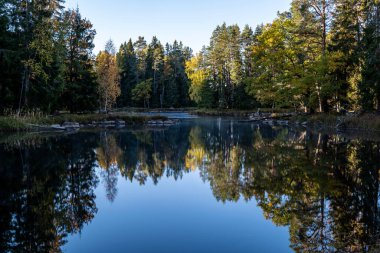 Sonbaharda İsveç nehri ve natura somonl bölgesi. Farnebofjarden Ulusal Parkı, İsveç 'in kuzeyinde..