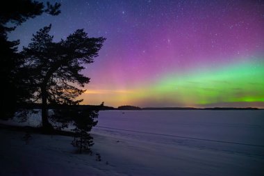 İsveç 'teki sakin göl üzerindeki kuzey ışıklarının manzarası (Aurora borealis) Farnebofjarden Milli Parkı