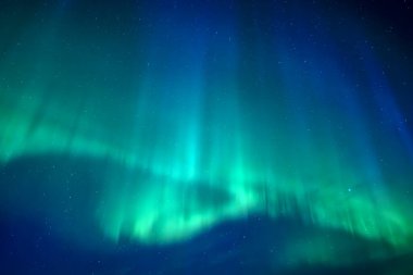 İsveç 'in kuzeyindeki (Aurora borealis) Farnebofjarden Milli Parkı' nda kuzey ışıklarının karanlık gökyüzünün manzarası