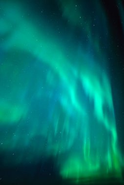 İsveç 'in kuzeyindeki (Aurora borealis) Farnebofjarden Milli Parkı' nda kuzey ışıklarının karanlık gökyüzünün manzarası