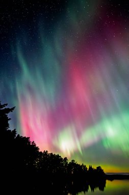 İsveç 'teki sakin göl üzerindeki kuzey ışıklarının manzarası (Aurora borealis) Farnebofjarden Milli Parkı