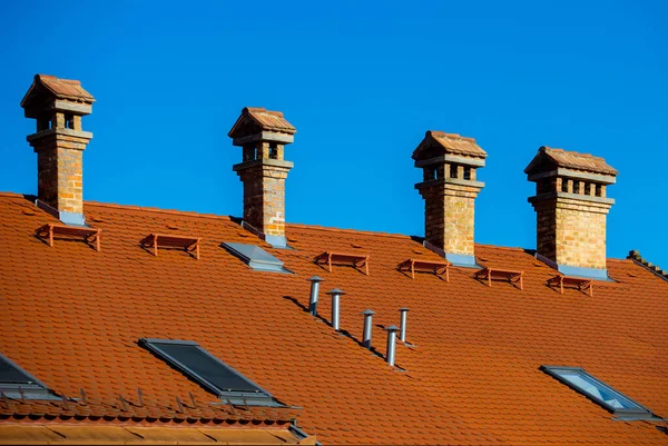 Detail Red Roof Chimnies Blue Sky — Stock Photo, Image