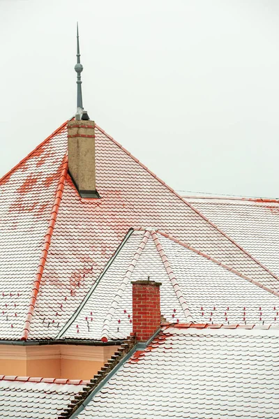 城中覆盖着积雪的屋顶瓦片的细部 — 图库照片