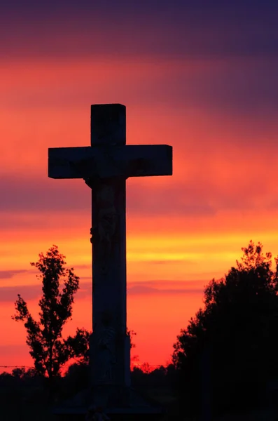 Silhouette Christian Crucifix Sunset — Stock Photo, Image