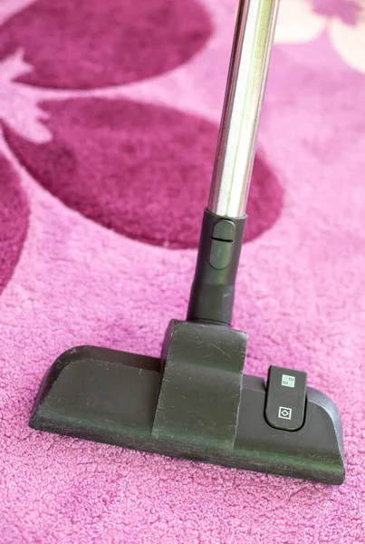 Vacuum cleaning with hoover on purple rug