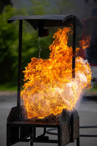 Tűzoltó Készülék Bemutatása Égő Tűzzel — Stock Fotó