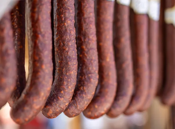 Spicy Sausages Hanging Market — Stock Photo, Image