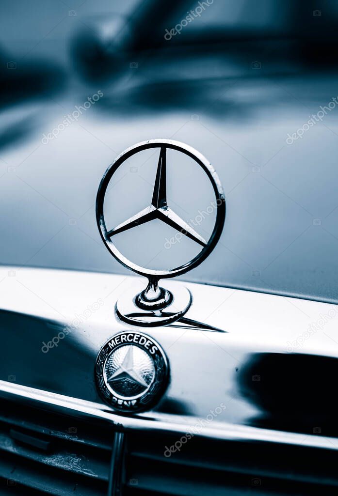 Shiny symbol of Mercedes Benz car, Retro car exhibition Pecs, Hungary - 23. October 2022.