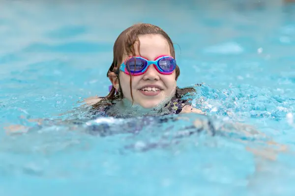 Joyful Blond Child Swimming Pool Summer Stock Picture