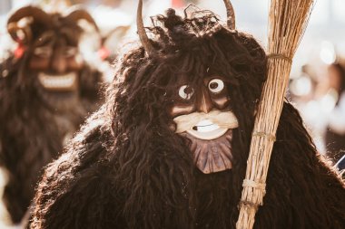 MOHACS, HUNGARY - 4 Mart 2025, Mohacsi Busojaras, Macaristan 'ın Mohacs kentinde düzenlenen bahar kutlamaları için düzenlenen bir karnaval.