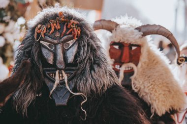 MOHACS, HUNGARY - 4 Mart 2025, Mohacsi Busojaras, Macaristan 'ın Mohacs kentinde düzenlenen bahar kutlamaları için düzenlenen bir karnaval.