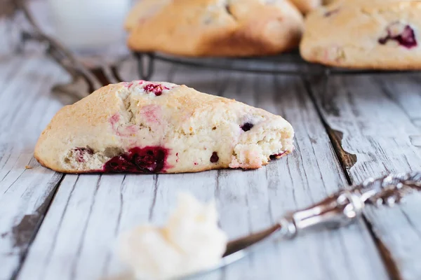 Traditional Fresh Baked English Cranberry Cherry Tea Scones Rustic Background — Stock Photo, Image