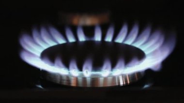 Blue gas or propane flame of a kitchen cook stove  in darkness.