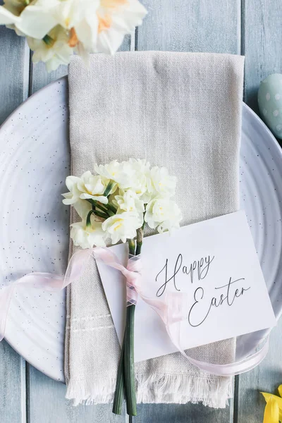Holiday Place Setting Plate Napkin Card Table Decorated Easter Shot — Stock Photo, Image