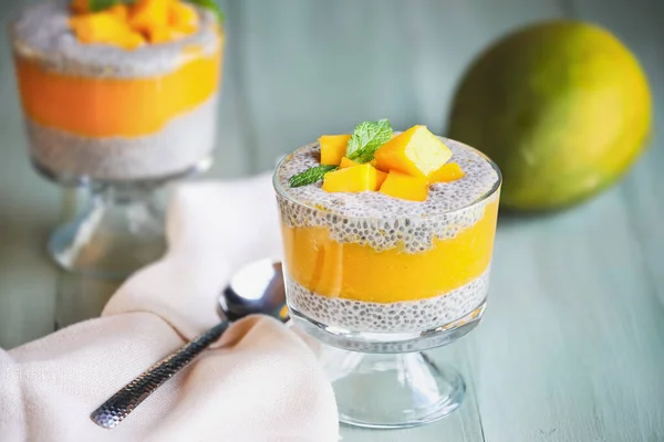Delicious vegan mango chia pudding with fresh mint springs in a glass jar on a green wooden background. Selective focus with blurred foreground and background.