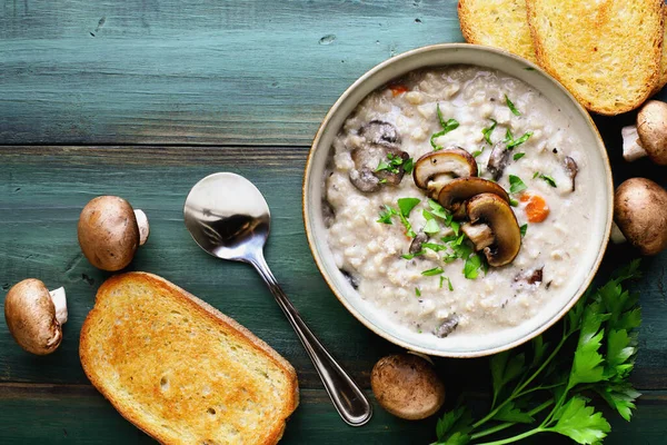 Champignon Suppe Med Portobella Svampe Gulerødder Frisk Persille Serveres Med Stock-billede