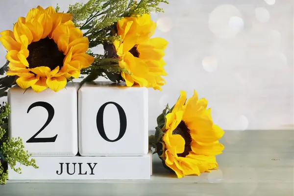 Dia Internacional Xadrez Blocos Calendário Madeira Branca Com Data Julho Imagens Royalty-Free