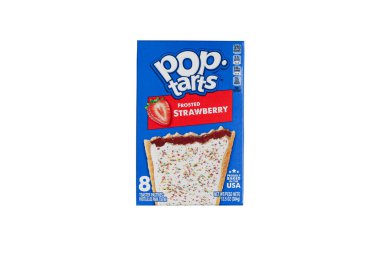 Üreme, KY, ABD - Kasım, 07 2024: Beyaz arka planda izole edilmiş Kellogg 's Frosted Strawberry Pop Tart kutusunun ön görüntüsü. 