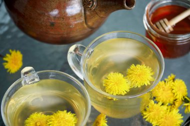 Bitkisel ilaçlar için canlı karahindiba çayıyla dolu dumanı tüten iki bardağın tepesinde. Bulanık arkaplan ile seçmeli odak,
