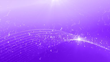 Mor renk parçacıkları dalgası, çizgiler ve noktalar bağlantılı dijital siber uzay fütüristik, soyut arkaplan. 3d Hazırlama