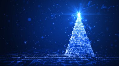 Parlayan ışıklı Noel ağacı parçacıklar, düşen kar taneleri, ve yıldızlar, 3D mavi arka plan, Mutlu Noeller konsepti tebrik kartı hediyeleri.