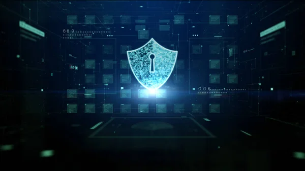 Blue Shield Icon Cyber Security, Digital Data Network Protection, Future Technology Digital Data Network Connection Matrix Abstract Background Concept, 3d rendering