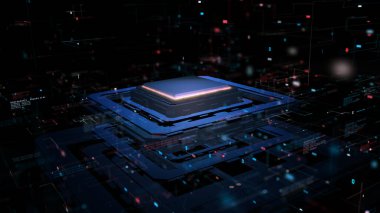 Yapay zeka kavramı, işlemci tarafından desteklenen elektronik beyin, İleri Teknoloji Görselleştirme, Gelecek Teknolojisi Dijital Soyut Arkaplan 3D